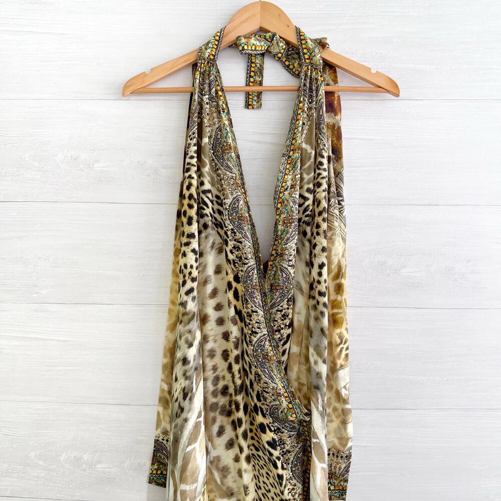 Camilla - Animal print silk embellished maxi halter dress, L - Picture 8 of 15